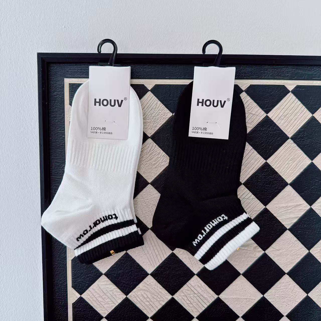 Houv Socks Women's Black and White Low-Waist Sports Letters Flat Sweat-Absorbent Breathable Simple Versatile Boat Socks 3023