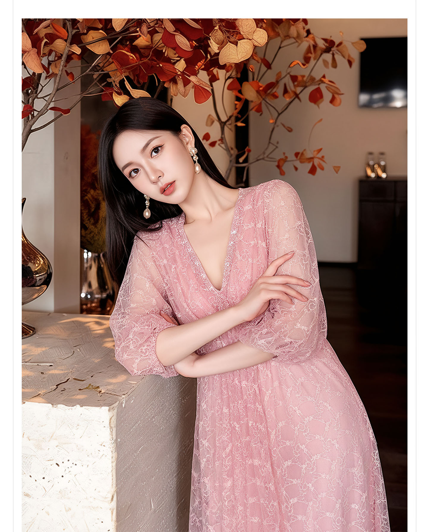 Đầm maxi nữ phong cách Tân Trung Hoa họa tiết batik ren jacquard dáng dài — Trang chủ chi tiết 5