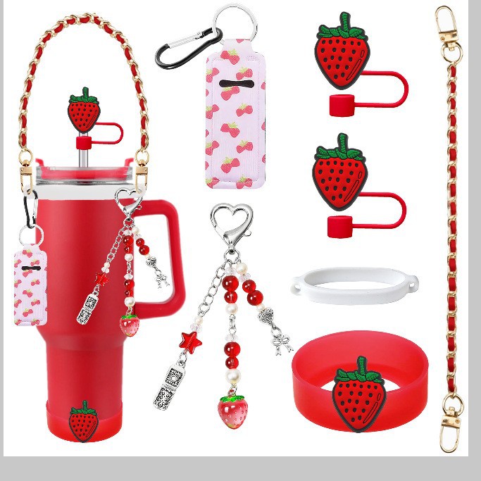 Accesorios de taza Stanley colgante de cuerda de mano flor de silicona gorra de paja de peluche colgante de taza cadena de taza de color cubierta de taza