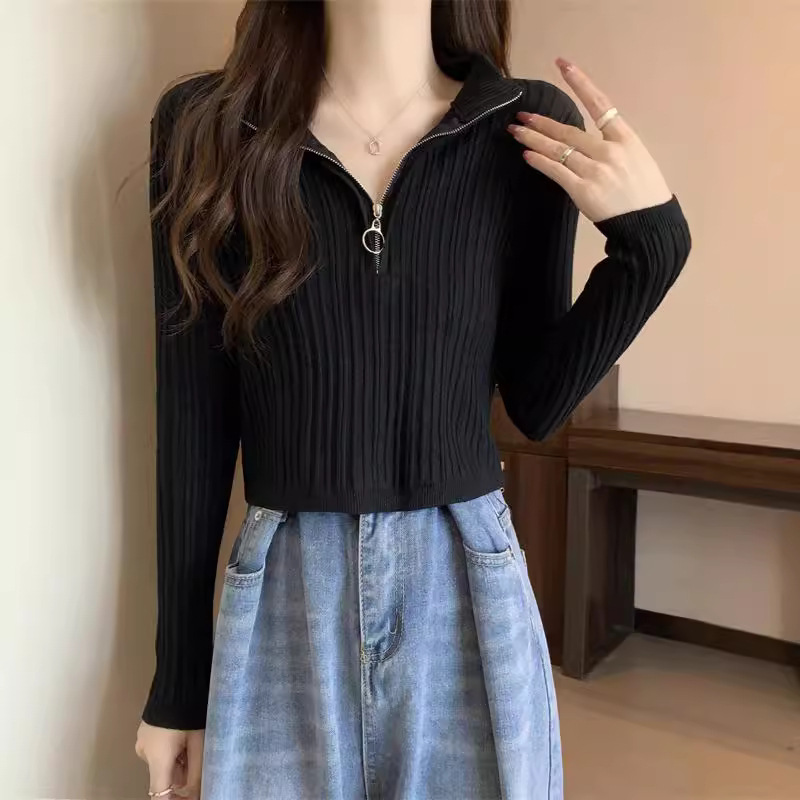 Knitted autumn short sweater with zipper