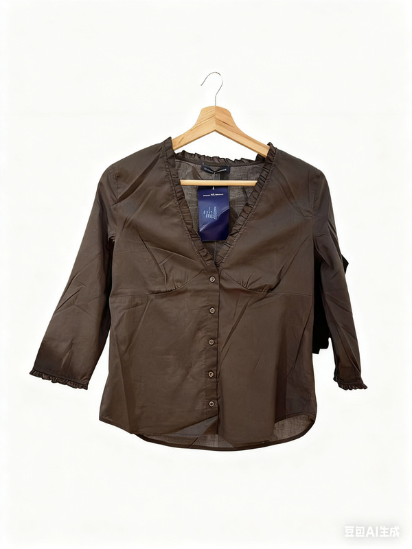 Bm Style New Dark Brown Ruffled V Neck Button-Down Shirt Women's Thin Slim Button-Down Three-Quarter Sleeve Lace Shirt