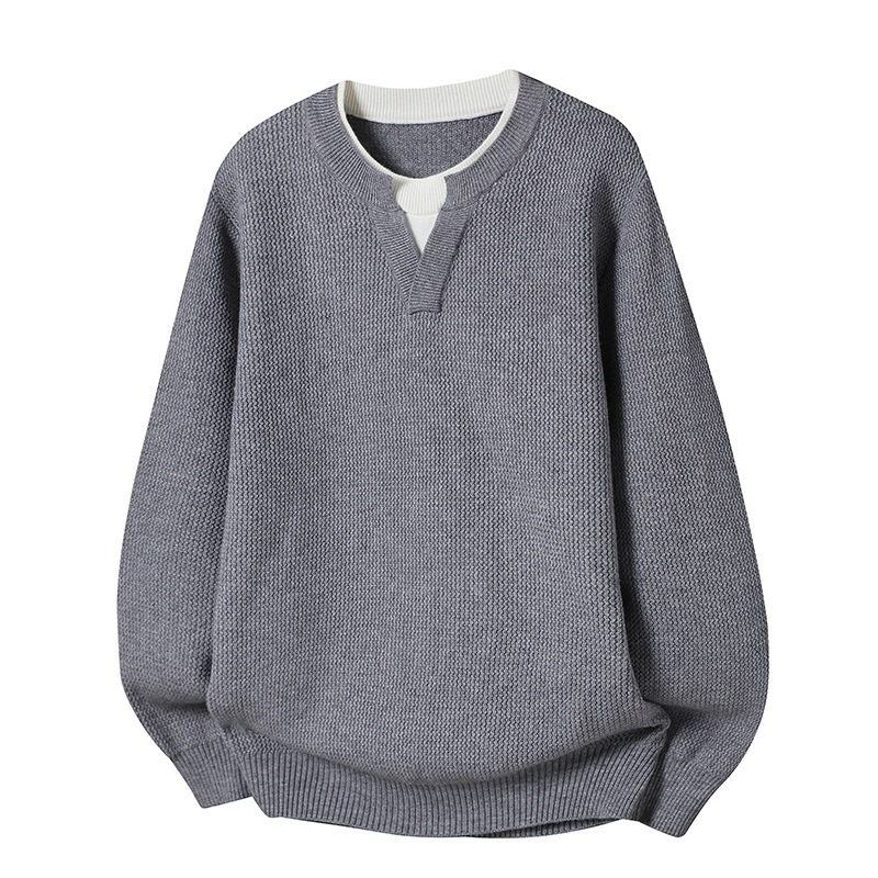 Explosiones transfronterizas de tamaño grande europeo falso dos piezas de camisetas de punto de cuello en V suéter masculino empalmado suéter de invierno y otoño fábrica de tendencia mayorista