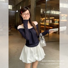 新款网纱假两件绑带撞色长袖恤女秋性感露肩辣妹一字肩显瘦上衣