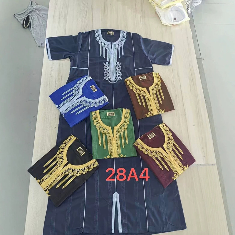 2026 African Hot-Selling Ready-Stock Moroccan Ethnic Style Short-Sleeved Robe with Woven Ribbons for Men