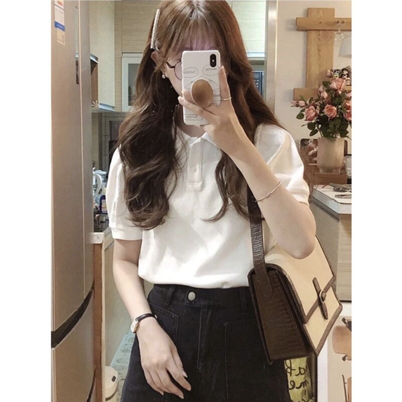 Short-Sleeved Polo Shirt for Women, White, Non-Transparent, New Style, Slim Fit, Collared Top, Solid Color, Regular Shoulder Top Short-Sleeved Polo Shirt for Women, White, Non-Transparent, New Style, Slim Fit, Collared Top, Solid Color, Regular Shoulder Top
