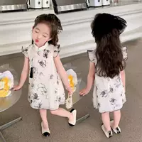 Новое летнее платье Hanfu для девочек с развевающимися рукавами, платье принцессы Cheongsam, платье с рисунком тушью в стиле ретро, в китайском стиле.