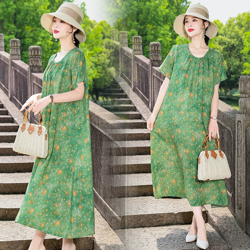 Новое летнее свободное и элегантное платье для молодой мамы с большим подолом и принтом, юбка средней длины, пляжная юбка большого размера с короткими рукавами