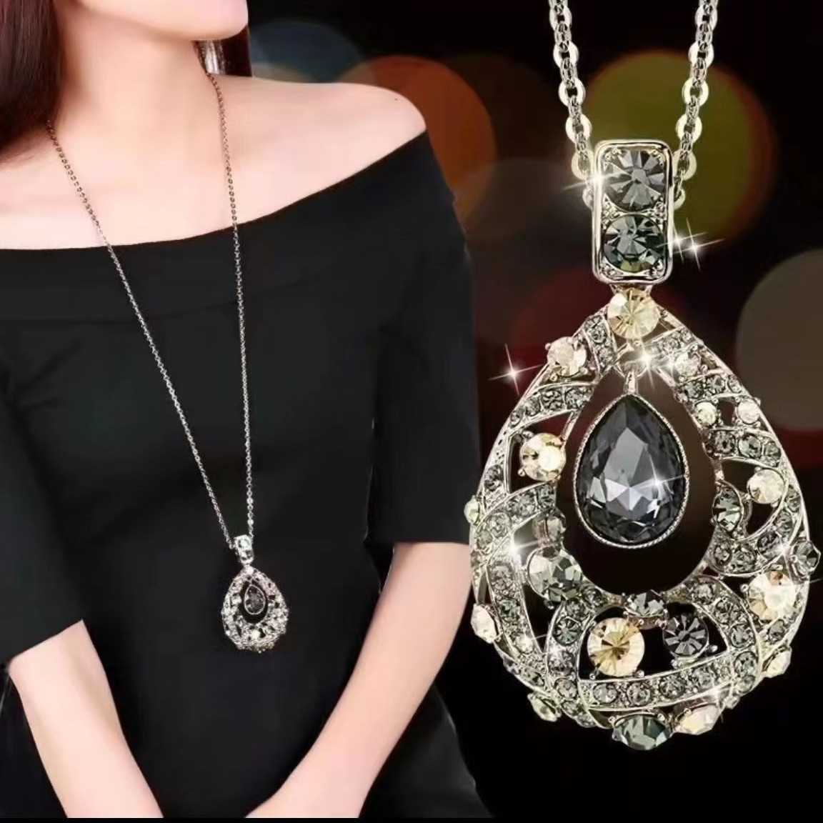 2025 New Hot-Selling Korean Trendy Sweater Necklace Long Water Drop Sparkling Diamond Fashion Simple Versatile Necklace for Women