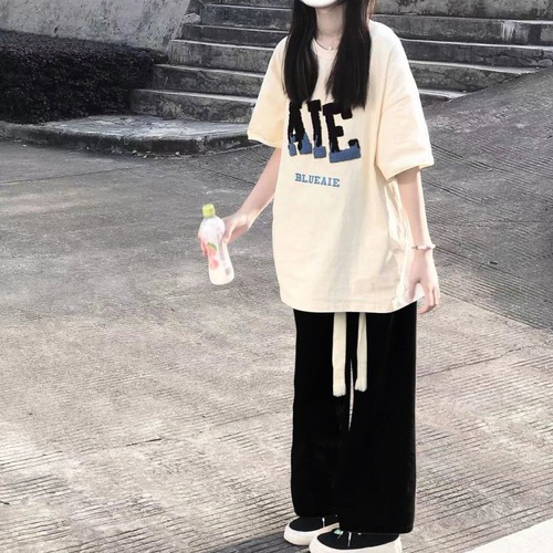 Summer Short Sleeve Set for Women Students, Korean Style Loose + Casual Straight Leg Pants, Fashion Two-Piece Set Trendy