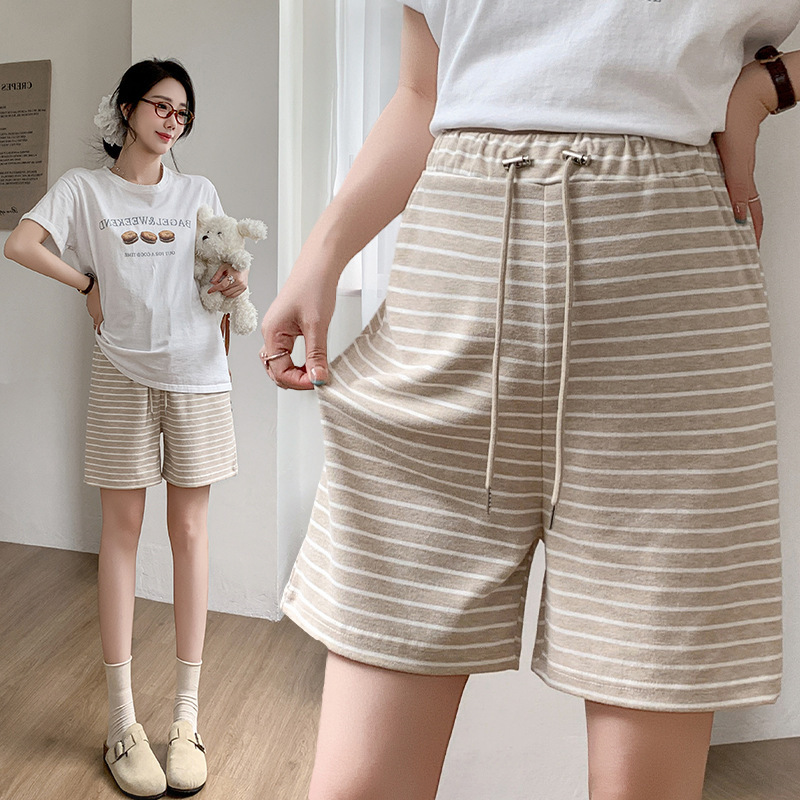 Maternity Summer New Striped Wide-Leg Pants for Women, Beautiful Loose Straight Drawstring Wide-Leg Pants, Knee-Length Pants