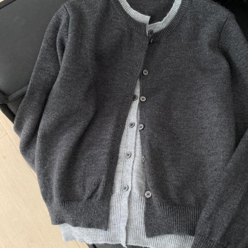 Chic Color-Blocked Faux Two-Piece Gray Knit Cardigan Jacket for Women, Lazy Style Outerwear Sweater Top, Japanese and Korean Casual Fashion