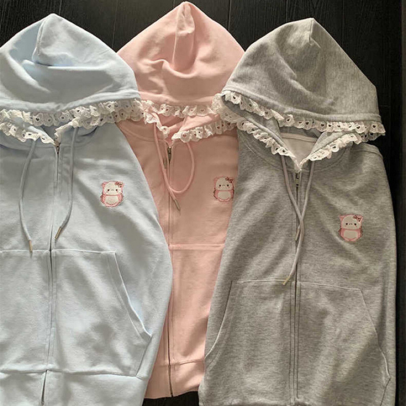 Pure Cute Age-reducing Cat Embroidered Lace Sweater Jacket 2024 Autumn and Winter Japanese Loose Hooded Zipper Cardigan