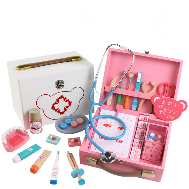 Productos de madera doctor niños juguetes de simulación jugar casa doctor enfermera inyección caja de madera almacenamiento caja de la medicina hombres y mujeres