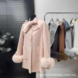 爱丽丝秋冬撞色双面羊毛呢子外套女2025羊绒大衣线上系带时尚百搭