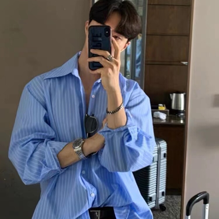 Korean Style Blue Striped Shirt Men Spring Autumn Japanese Retro Stylish Versatile Trendy Brand Ins Casual Jacket Wholesale Korean Style Blue Striped Shirt Men Spring Autumn Japanese Retro Stylish Versatile Trendy Brand Ins Casual Jacket Wholesale