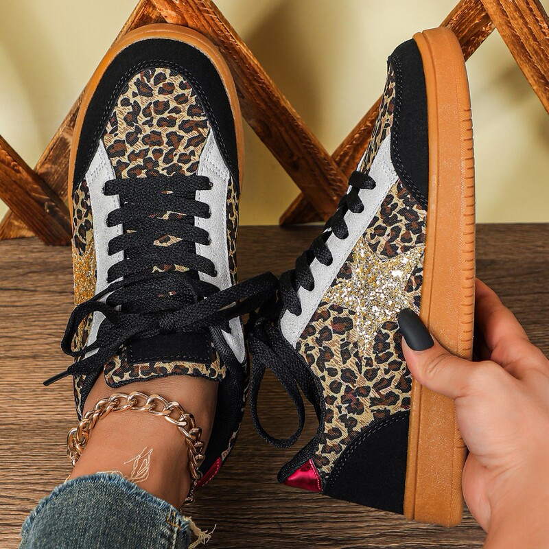2025 New Cross-Border Dropshipping Women's Fashion Shiny Star Pattern Lace-Up Low-Top Sneakers Couple Style Trendy Shoes