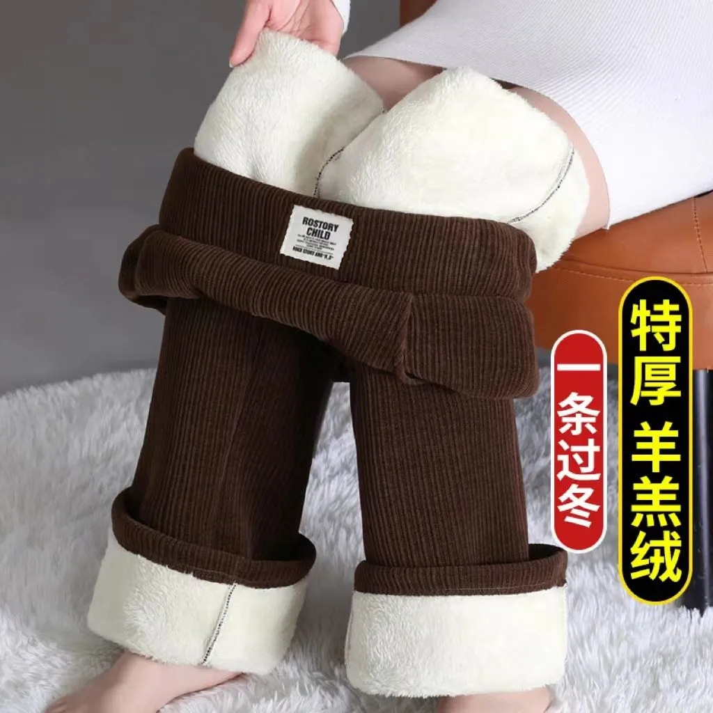 Chenille micro-pants women's 2024 autumn and winter fleece-lined high waist wide leg casual straight tube mother super thick lamb pants