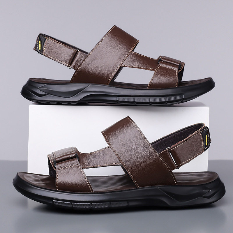 Dép sandal nam da bò thoáng khí đế mềm kiểu lười hai cách dùng, đi chơi và đi biển — S2691 màu nâu, S2691 màu đen