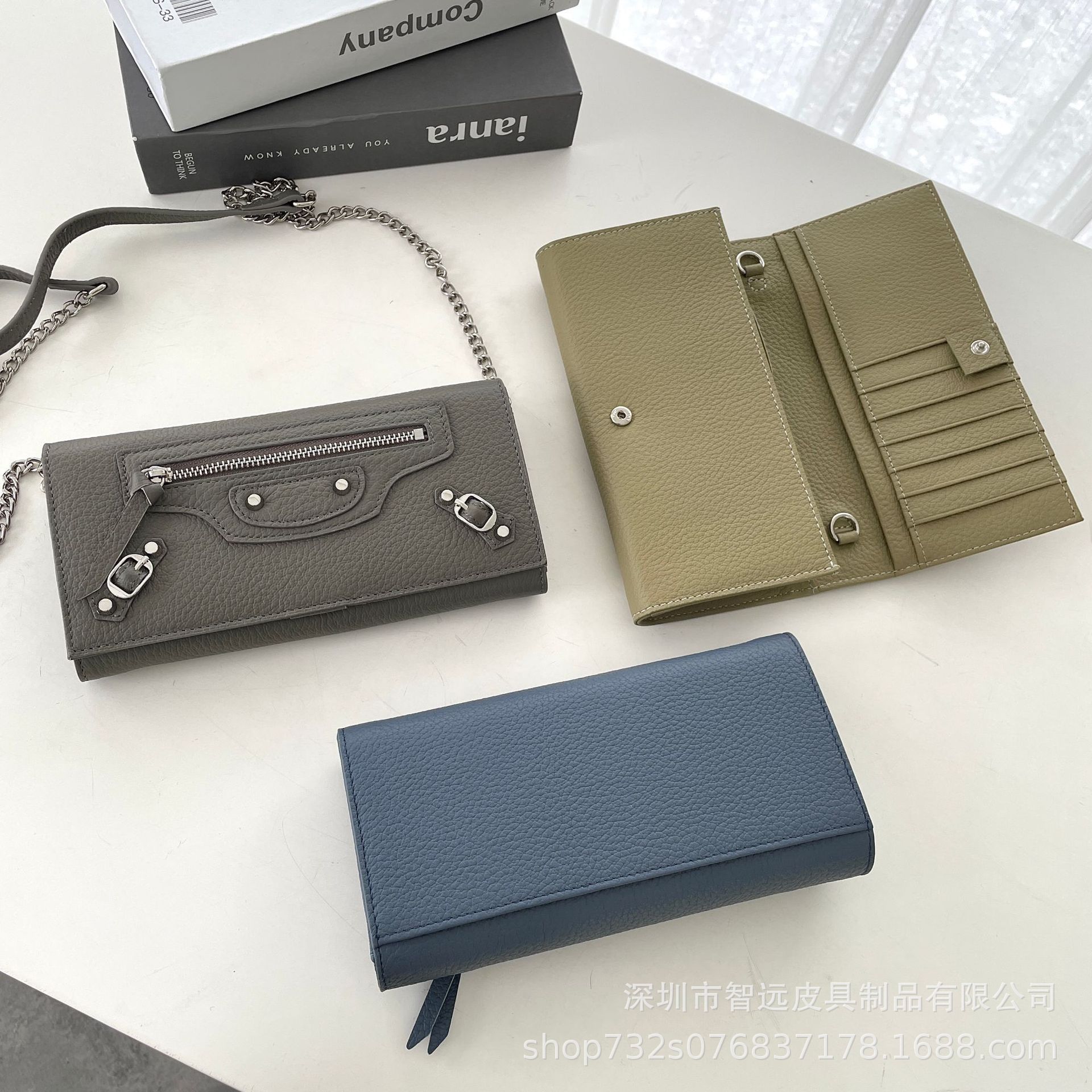 천연가죽 체인 미니백 숄더/크로스바디 핸드폰 가방 대용량 롱지갑 여성용 니치 스타일 바이커 리벳 지갑