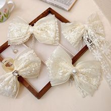 米色系高档蕾丝刺绣蝴蝶结流苏发夹抓夹女2024新款气质后脑勺顶夹