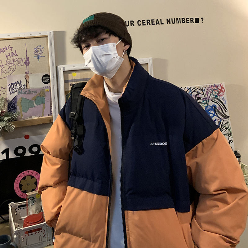 Color a juego abrigo de algodón acolchado de los hombres americano hiphop abrigo de invierno engrosado gran abrigo de algodón acolchado marca de moda mismo abajo abrigo de algodón acolchado