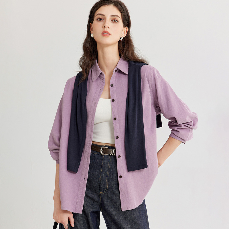 Purple corduroy long-sleeve shirt, 2026 autumn collection, brushed thickened top, women's shirt, elegant commuter top