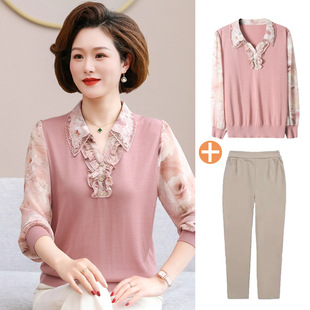 Mom's Style Long-Sleeved T-Shirt, Middle-Aged Women's Spring Shirt, Bottoming Shirt, Middle-Aged and Elderly Spring & Fall Top Suit