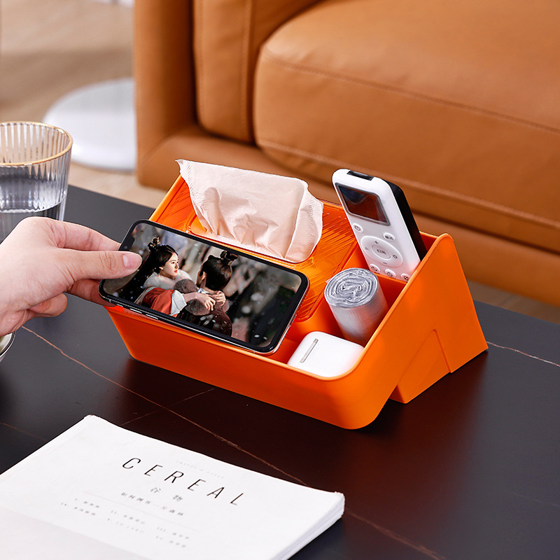 Caja de tejido de boca oblicua sala de estar caja de almacenamiento de escritorio mesa de café control remoto teléfono móvil estante de almacenamiento de plástico con tapa acabado compartimento