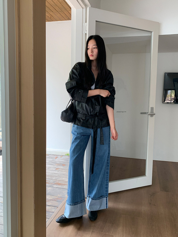 木兰 柔软翻边阔腿裤女2025十三行秋季新款高腰简约牛仔长裤56991|undefined
