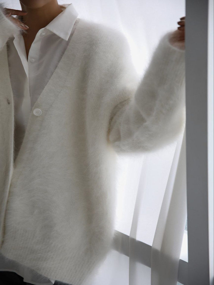 Áo cardigan len dệt kim giả lông chồn cổ V tay dài form rộng nữ — Màu hồng, Màu kaki, Màu trắng, Màu xám nhạt chi tiết 28