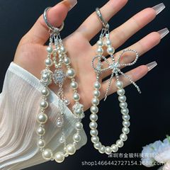 Guohua パール携帯電話チェーンジルコン四つ葉のクローバータッセルチェーン小ウエストインリボン韓国携帯電話チェーン