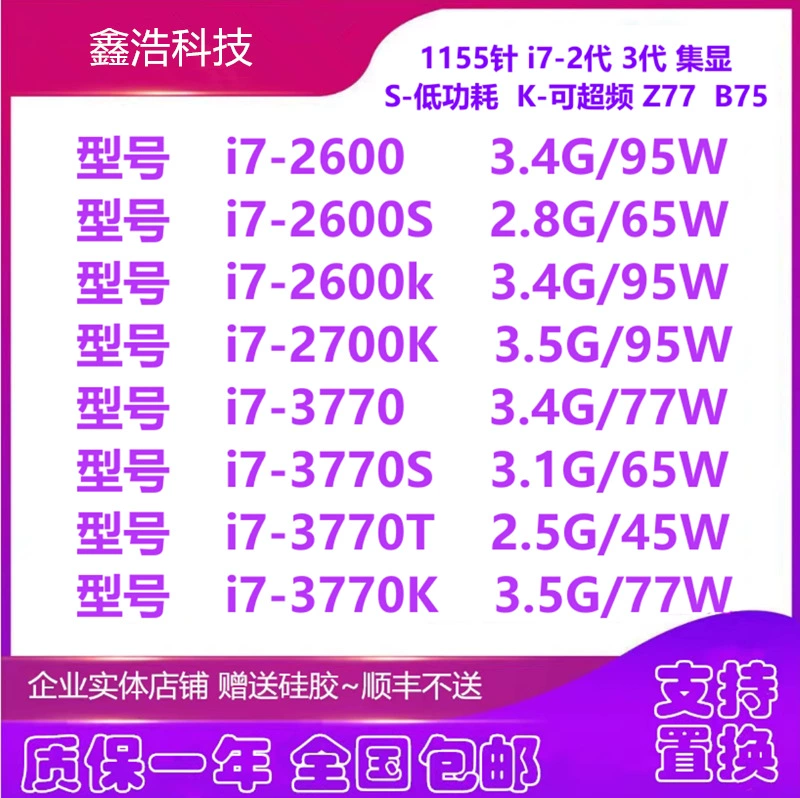 Intel Core i7 LGA1155 quad‑core CPUs — models 2600/2600K/2600S/2700K/3770 series, various TDPs