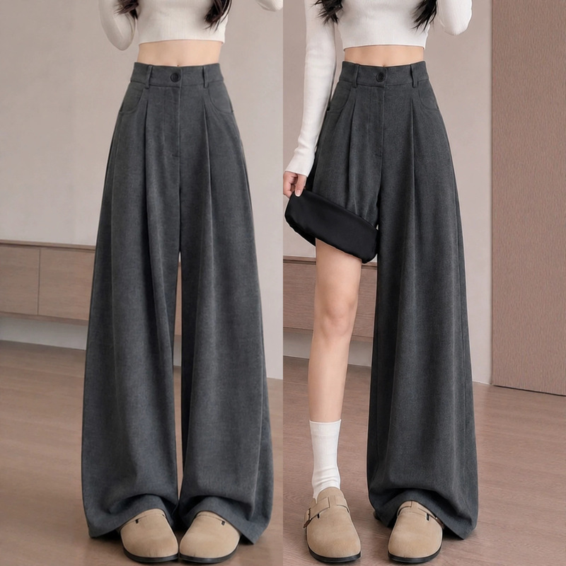 Women's High-Waisted Loose-Fitting Casual Wide-Leg Pants with a Draped Effect, New for Autumn and Winter 2026, Suitable for Petite Sizes, with Added Fleece Lining