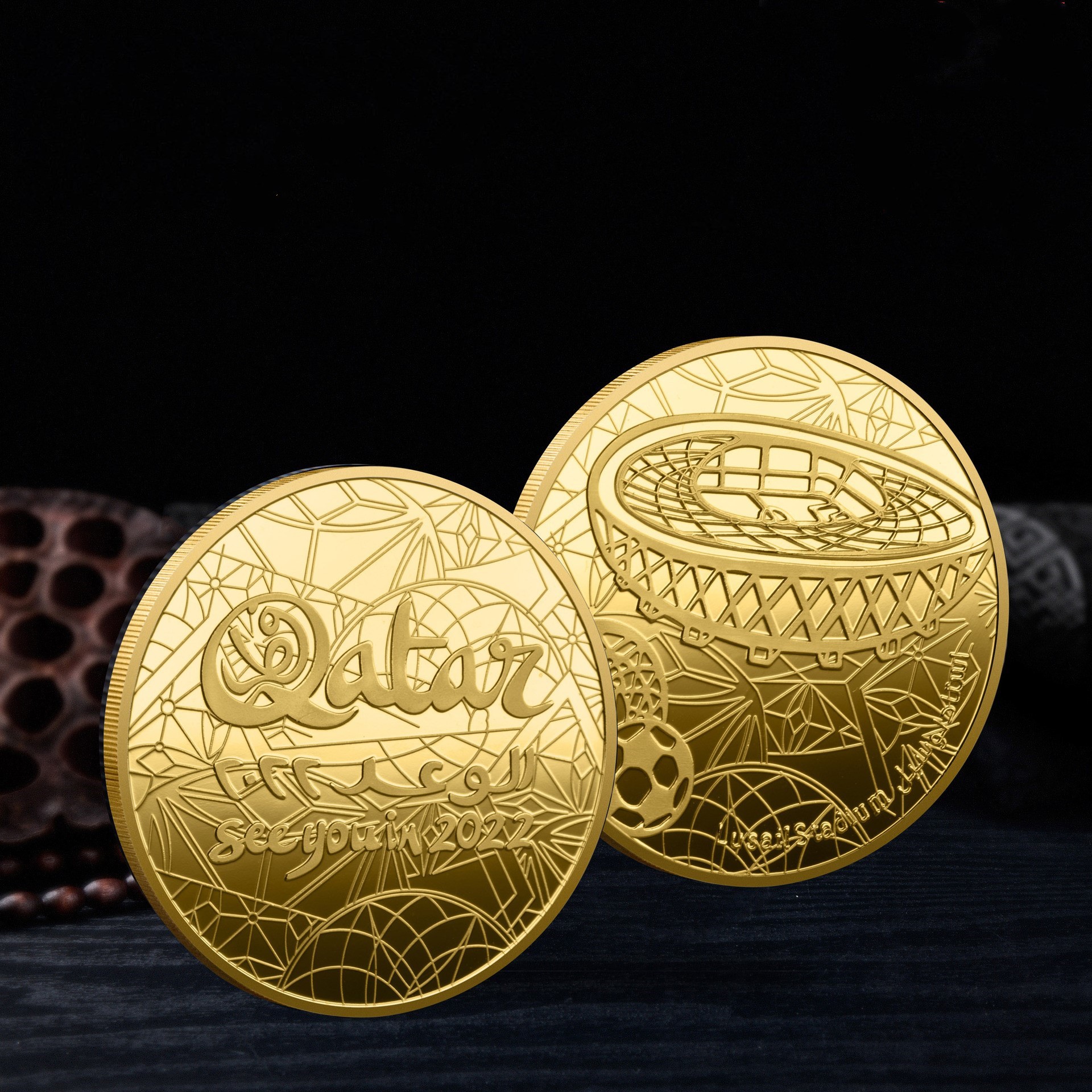 2022 Dubai Qatar Copa Mundial de Fútbol medallas conmemorativas chapadas en oro jugar monedas monedas conmemorativas creativas