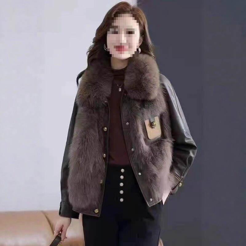 90 White Duck down 2025 Winter New Korean Style Fur Integrated Large Size Leather Jacket High-End Large Fur Collar down Jacket for Women