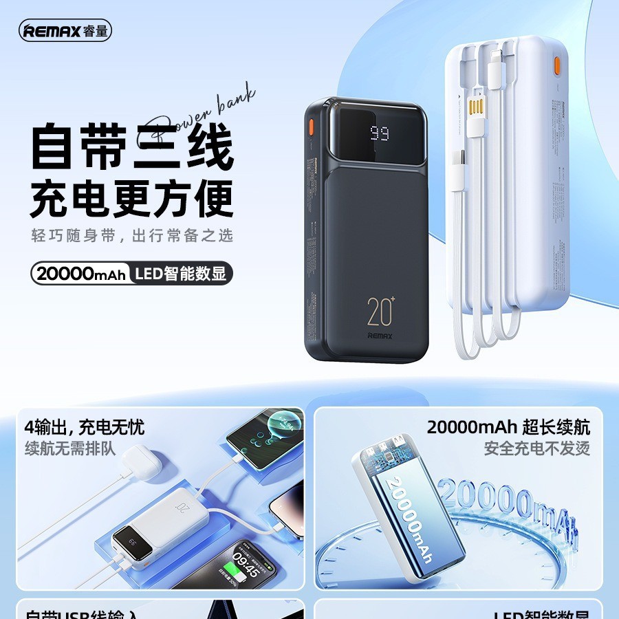 REMAX Ruiyi 10000 mA Portable with Three-wire Charging Treasure LED Intelligent Digital Display 10W Charging Treasure