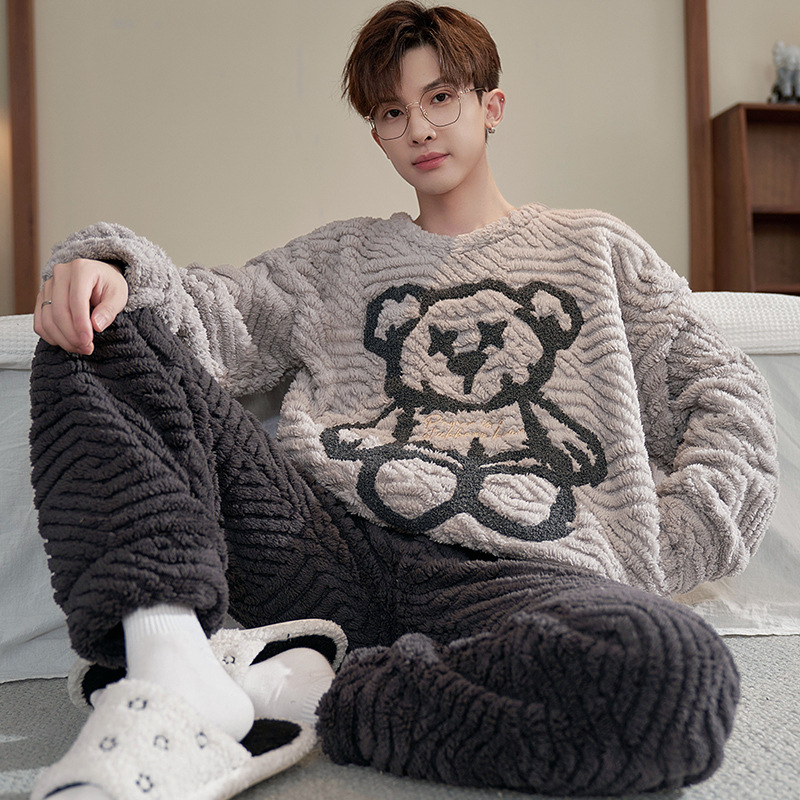 Pijamas de invierno de los hombres de coral de lana engrosada forrada de lana cálido desgaste del hogar traje de dibujos animados de franela Jersey de invierno de los hombres