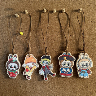 Cute Thickened Top Layer Cowhide Leather Bag Pendant LABUBU Printed Car Pendant Cartoon Hanging Ornament to Customize