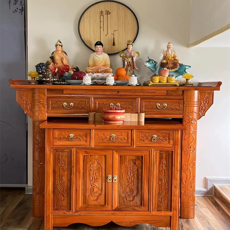 Altar Table Set Made of Solid Elm Wood, Including Cabinet, Table, Shrine, Buddha Cabinet, Incense Table, Offering Table, Buddha Table, Shrine, and Silk Flowers