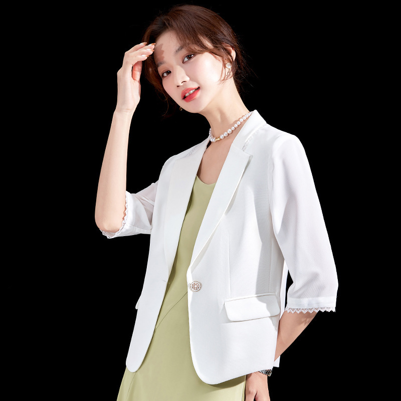 White Seven-Sleeve Suit Jacket Skirt Two-Piece Summer Thin Short Floral Sling Dress for Small Women