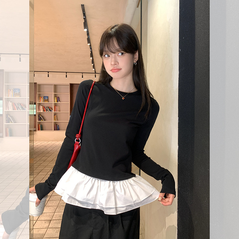 宋正恩芭蕾风花边黑色长袖t恤女秋季新款加绒修身内搭打底衫上衣|undefined