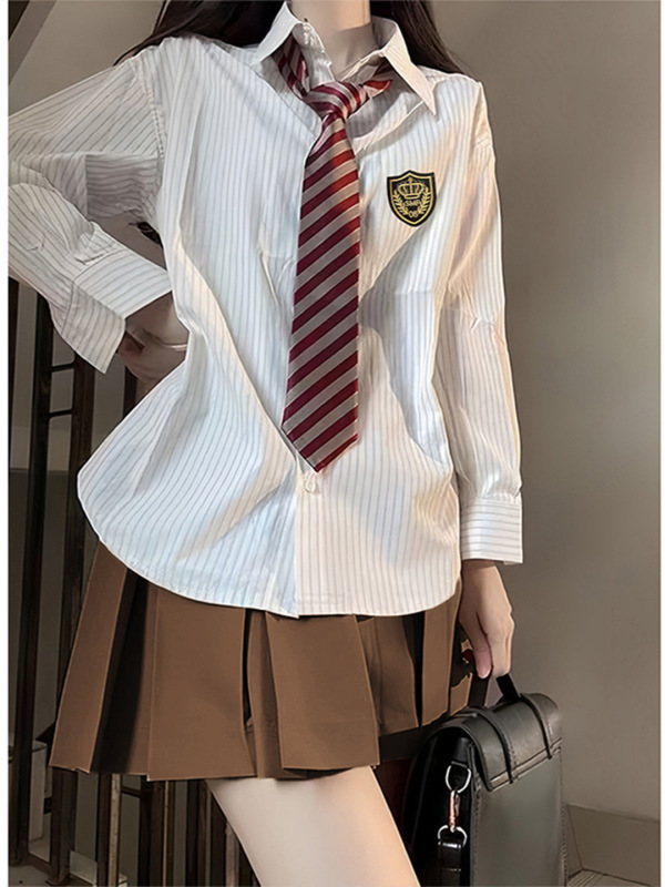 蓝色条纹衬衫上衣女春秋外穿百搭学院风韩系衬衣jk制服百褶裙套装|undefined