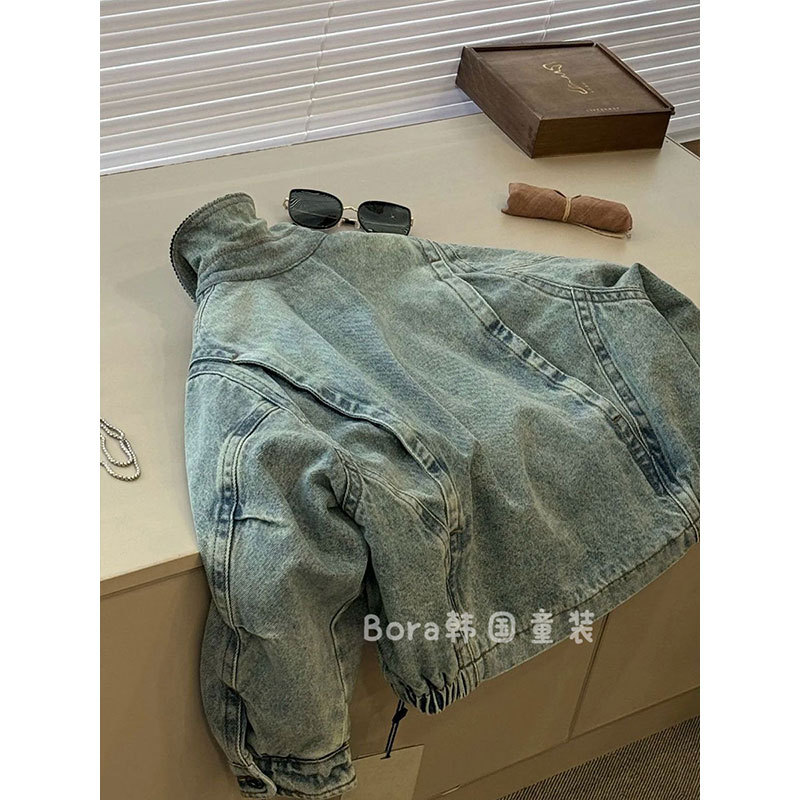(2개) 소년 코트 두꺼운 어린이 데님 재킷 옷깃 2024 년 가을과 겨울 새로운 빅 보이 소녀의 블루 탑 트렌디