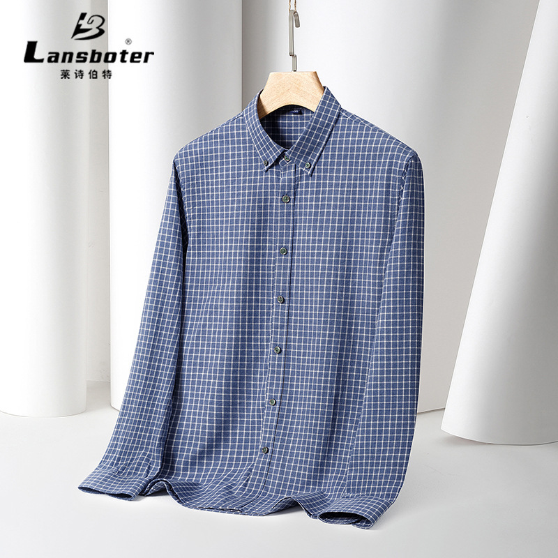 Spring and Autumn New Cotton Brushed Plaid Long Sleeve Shirt Men's Slim Shirt Men's Easiest for Match Business Casual Inch Shirt