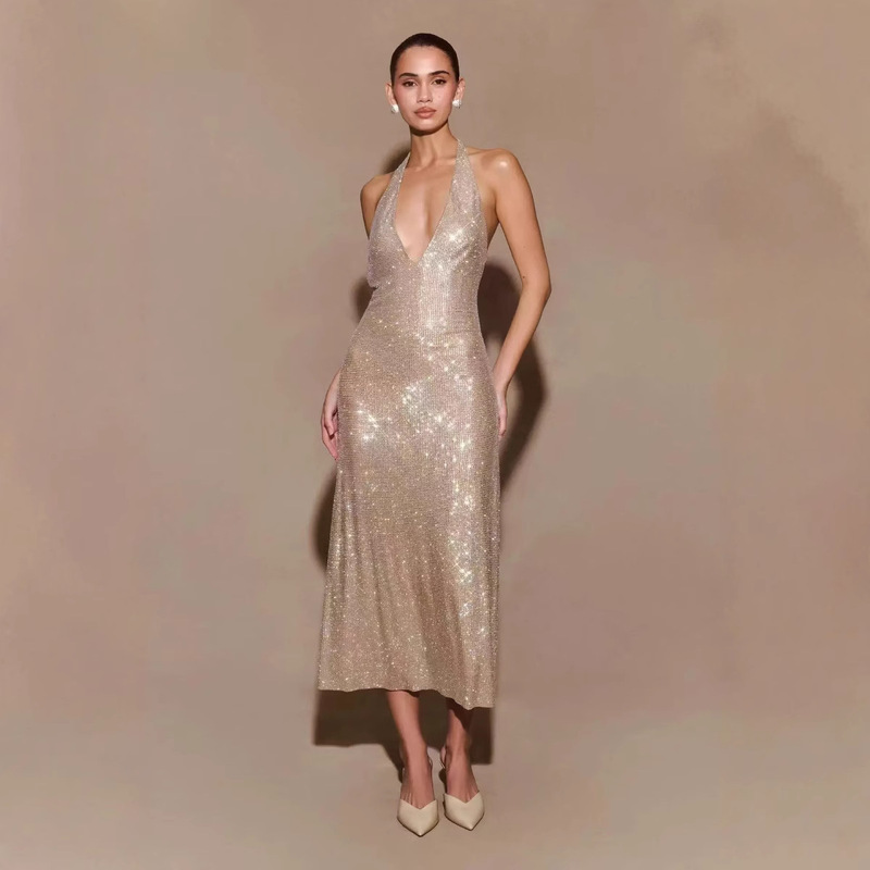 Factory Direct Sale Women's Sexy Deep V-Neck Party Sequin Strap Dress Short Dress Celebrity Style