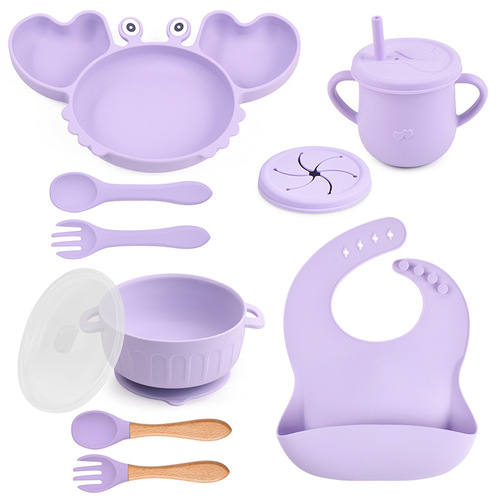 10-Piece Children's Crab Pattern Dinnerware Set with Silicone Tableware, Baby Silicone Feeding Bowl, Pouch Cup, Spork, and Spoon