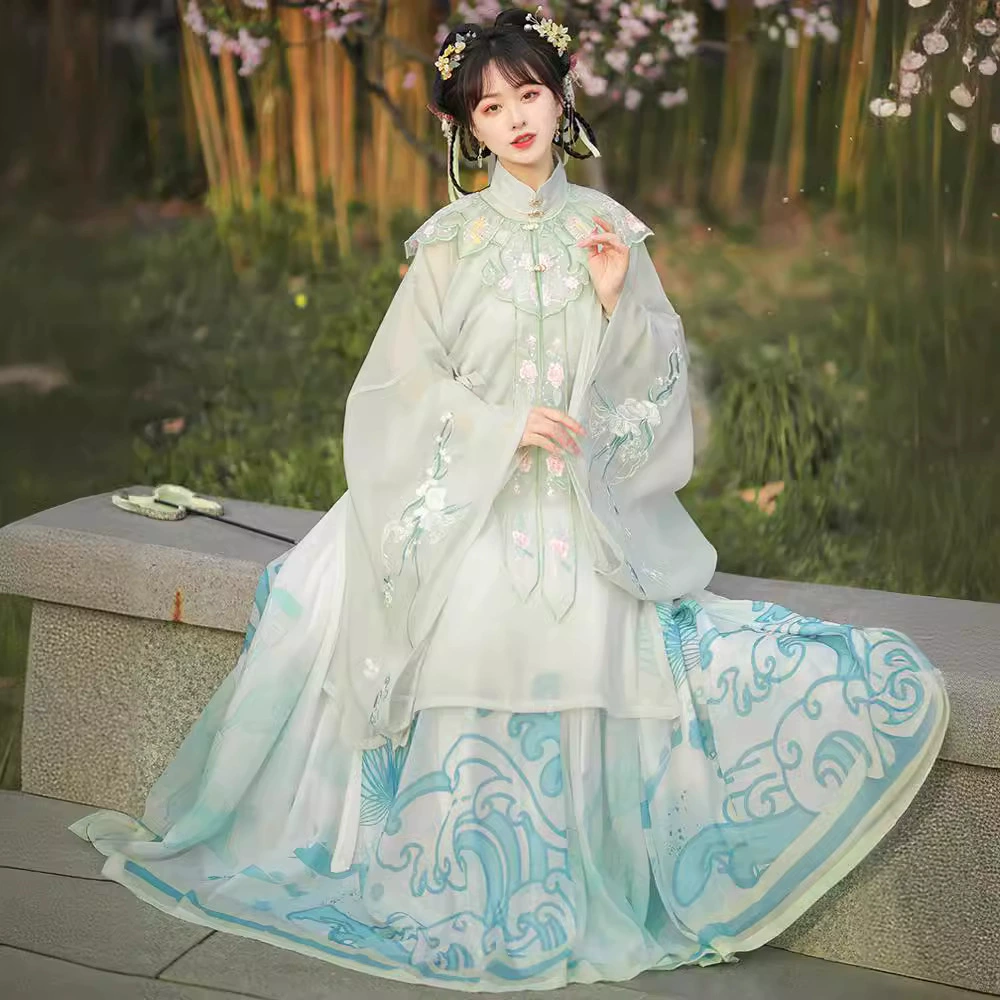 Оригинальная Женская длинная Плиссированная юбка в китайском стиле Hanfu, длинная рубашка в стиле Мин, в стиле облаков, с воротником-стойкой, древний костюм в стиле феи, элегантный весенне-летний комплект