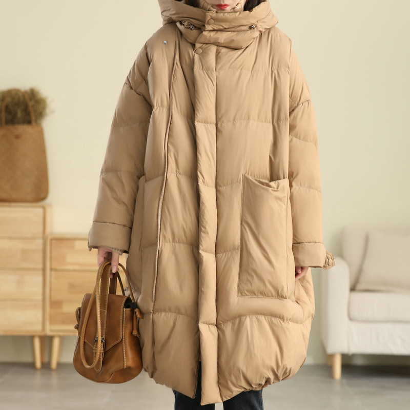 2024 Winter Walking Down Jacket New Long Straight plus size Thickened Big Pocket Hat Down Jacket Women's Fashion