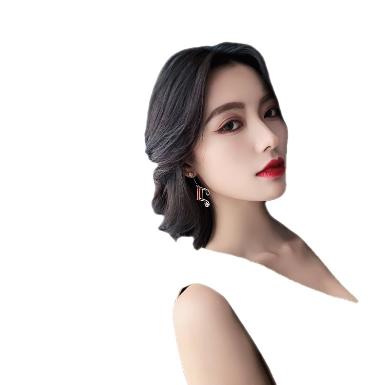 S Argento Ago Coreano Meraviglioso Nota Lungo Rosso Nero Classico Streamline Geometria Temperamento atmosferico Orecchini a bottone_voghion.com