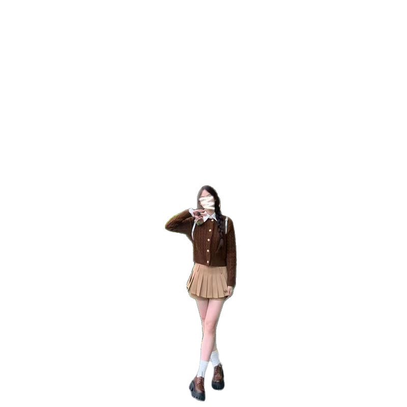 学院复古刺绣麻花开衫毛衣女春秋款韩版小个子长袖短款圆领针织衫|undefined